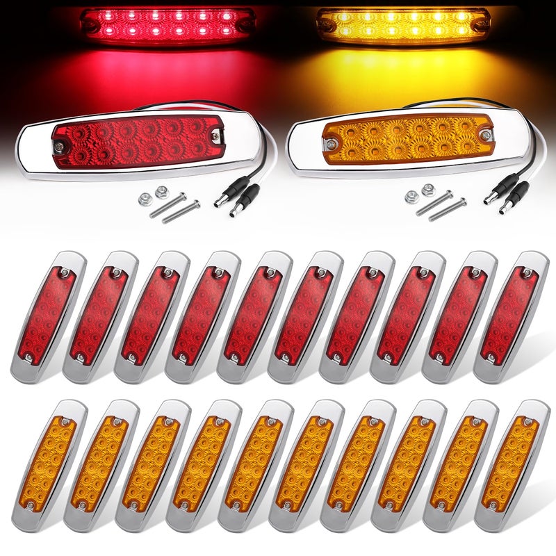 Ledvillage لمبة LEDفيلدج 20x 12V DC مستطيلة 6.4 بوصة عدسة شفافة حمراء فائقة السطوع LED 12 SMD مصباح إضاءة جانبي مسطح التركيب مع حافة كروم للجرار RV الشاحنة عالمي (20 قطعة) - Image 1